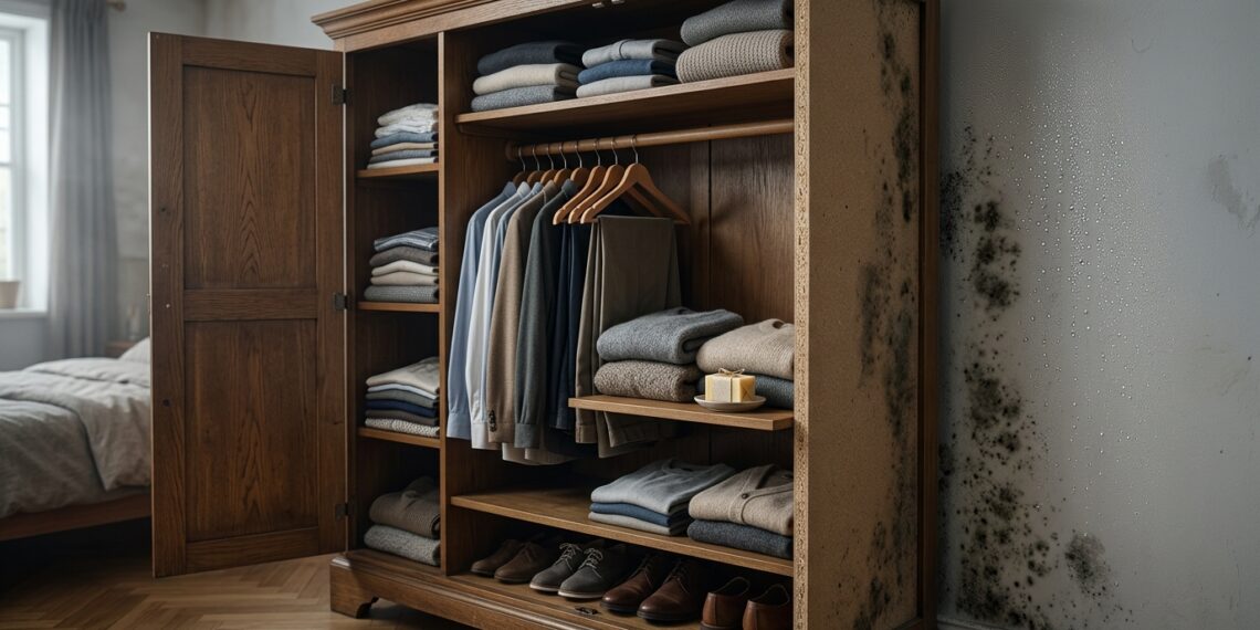 Sabonete protegido fica entre roupas organizadas dentro do guarda-roupa.