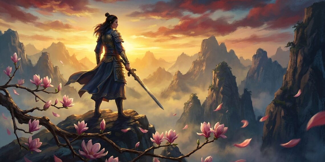 Ilustração de Hua Mulan vestindo armadura diante de montanhas ao amanhecer com pétalas de magnólia ao vento