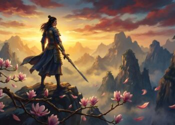 Ilustração de Hua Mulan vestindo armadura diante de montanhas ao amanhecer com pétalas de magnólia ao vento