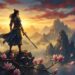 Ilustração de Hua Mulan vestindo armadura diante de montanhas ao amanhecer com pétalas de magnólia ao vento
