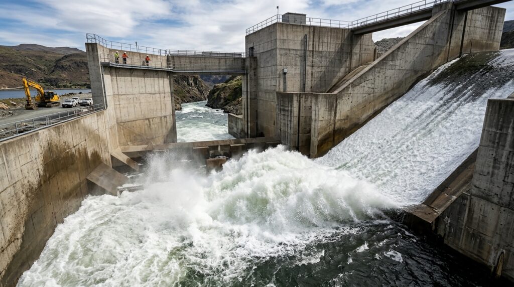 Água em alta velocidade perde energia na área de dissipação localizada no final de um vertedouro.