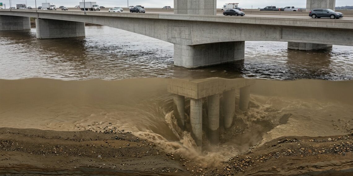 Corte de uma ponte mostra o concreto intacto acima da água e o solo erodido ao redor da fundação submersa.