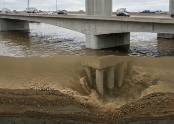 Corte de uma ponte mostra o concreto intacto acima da água e o solo erodido ao redor da fundação submersa.