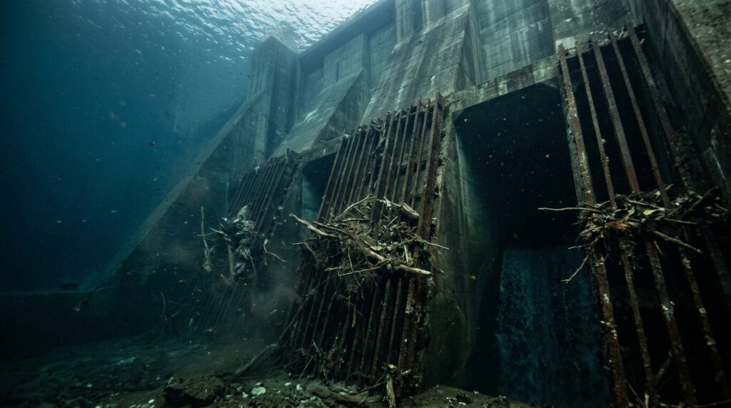 Tomada d'água submersa de barragem possui grades metálicas diante da entrada dos condutos.