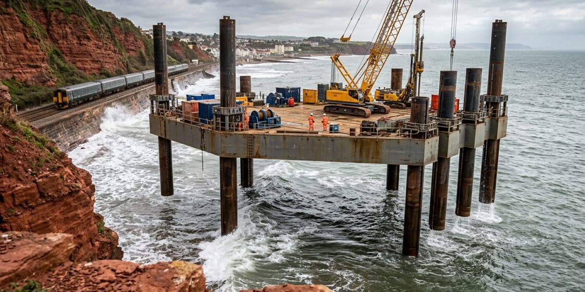 Plataforma WaveWalker 1 elevada sobre as ondas de Dawlish e sustentada por oito pernas apoiadas no fundo do mar.