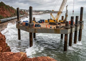 Plataforma WaveWalker 1 elevada sobre as ondas de Dawlish e sustentada por oito pernas apoiadas no fundo do mar.