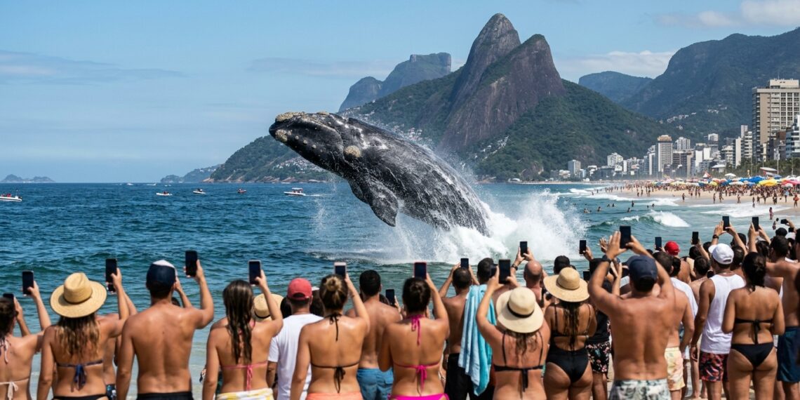 Baleia-franca saltando no mar diante de banhistas que filmam a cena com celulares na praia do Leblon, com o Morro Dois Irmãos ao fundo.