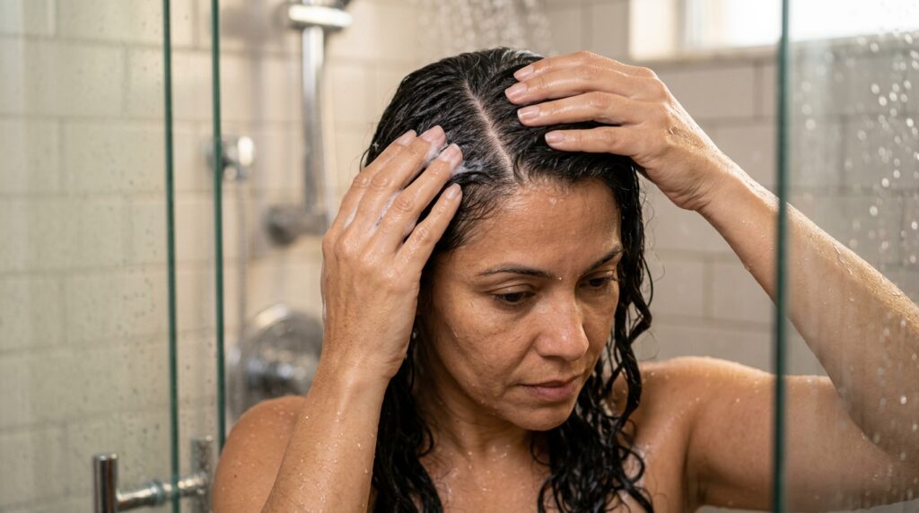 Mulher separa os cabelos molhados para aplicar shampoo anticaspa diretamente na raiz e no couro cabeludo.