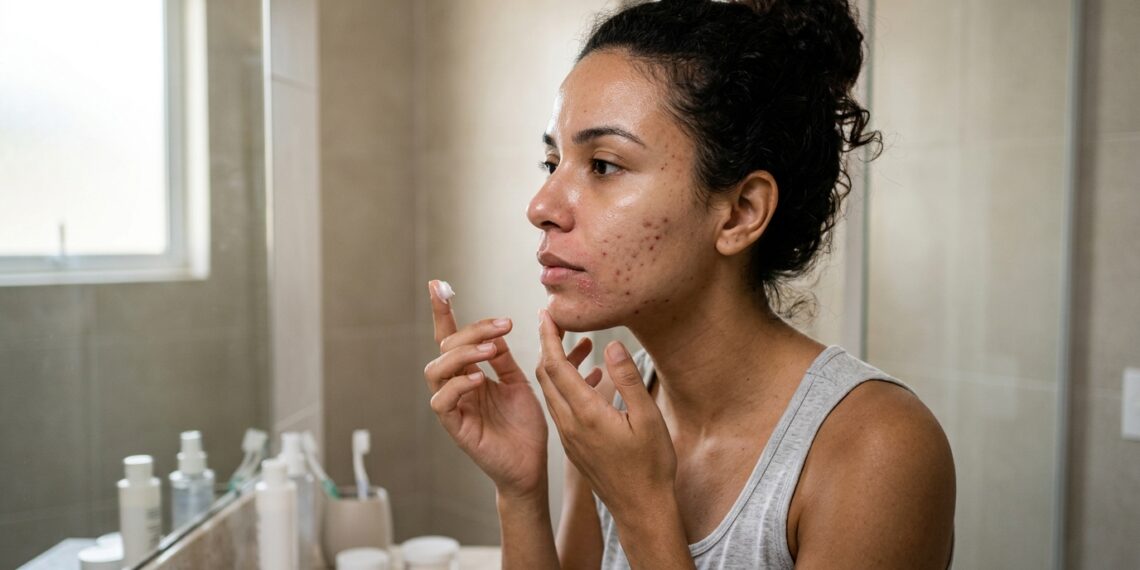 Mulher com pele oleosa e acne aplica hidratante enquanto apresenta pequenas áreas de ressecamento no rosto.