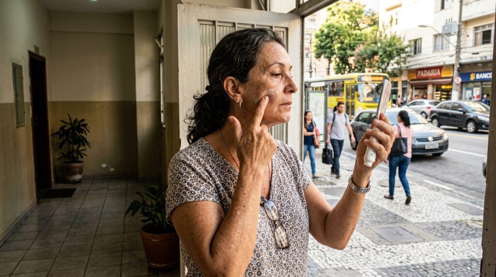 Mulher aplica protetor solar antes de sair de casa durante a rotina.