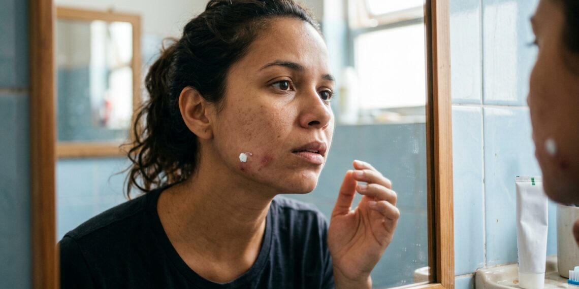 Mulher observa espinha com pasta de dente e área de pele avermelhada e manchada no rosto.