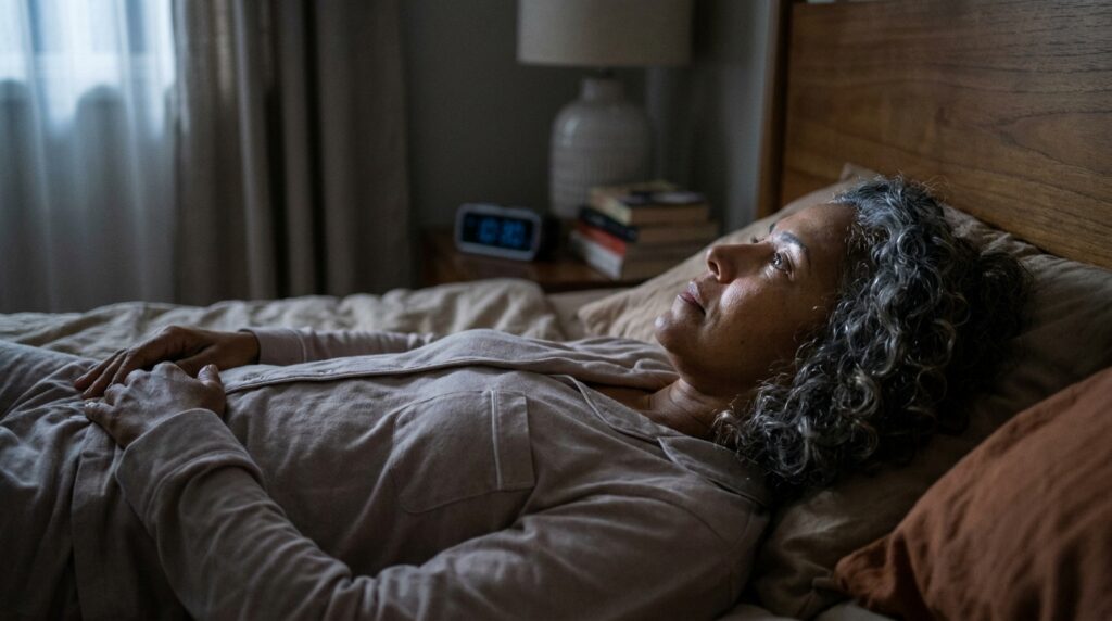 Mulher permanece acordada após despertar durante a noite.
