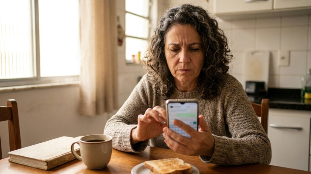 Mulher pausa enquanto escreve uma mensagem para pensar no que responder.