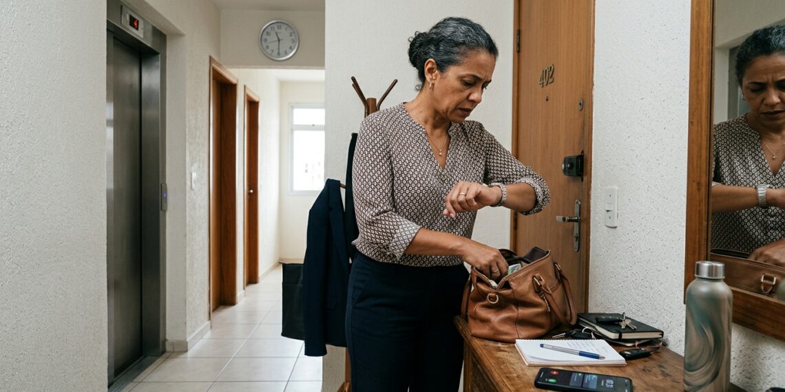 Mulher procura as chaves enquanto percebe que está atrasada para sair de casa.