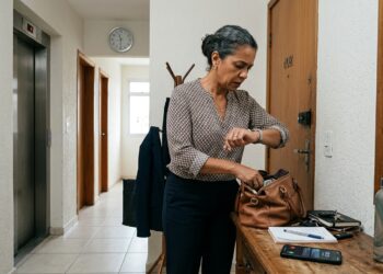 Mulher procura as chaves enquanto percebe que está atrasada para sair de casa.