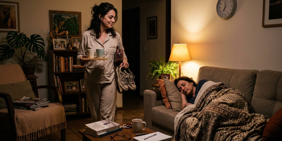 Mulher organiza a sala enquanto uma amiga dorme no sofá de sua casa.