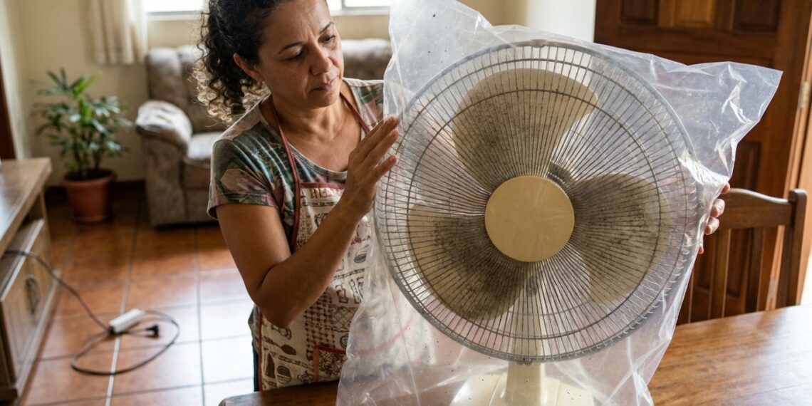 Mulher coloca saco plástico ao redor da grade de um ventilador empoeirado.