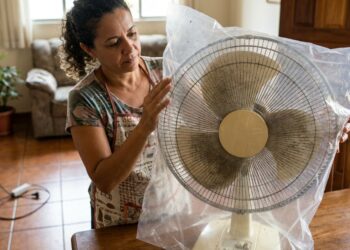 Mulher coloca saco plástico ao redor da grade de um ventilador empoeirado.