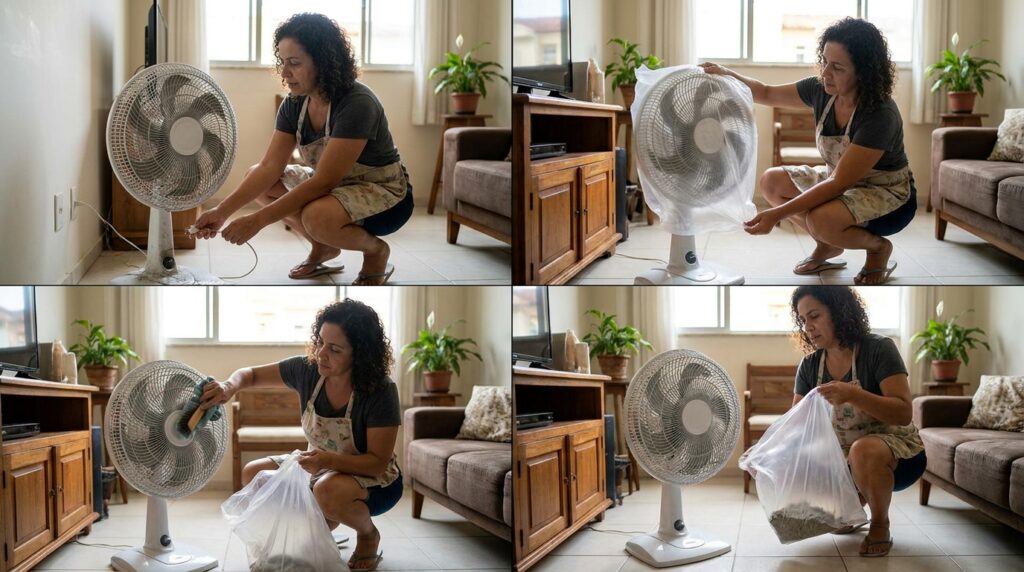Sequência mostra limpeza de ventilador desligado usando saco para conter a poeira.