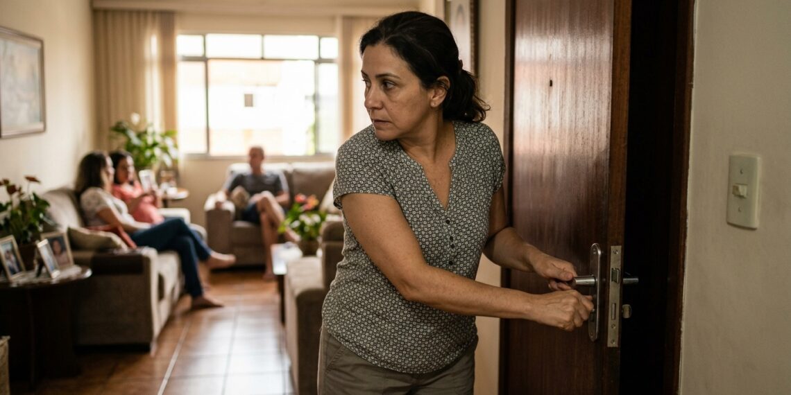 Mulher fecha uma porta cuidadosamente para evitar fazer barulho na casa de outra pessoa.