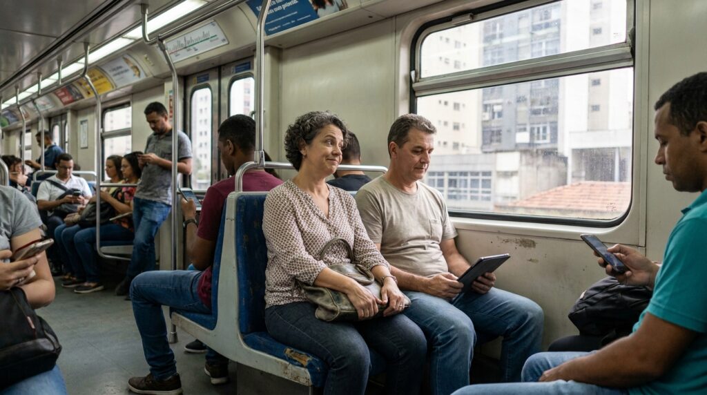 Passageira hesita antes de conversar com desconhecido no metrô.