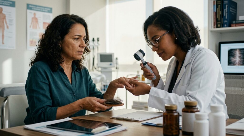 Dermatologista examina o couro cabeludo e as unhas antes de considerar o uso de suplementos.