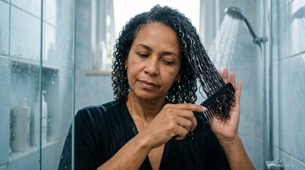 Mulher com cabelo cacheado desembaraça os fios molhados com condicionador e pente de dentes largos.