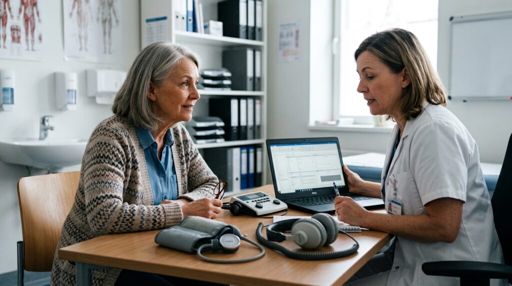 Mulher com mais de 50 anos conversa com médico sobre falhas de memória e possíveis fatores associados.