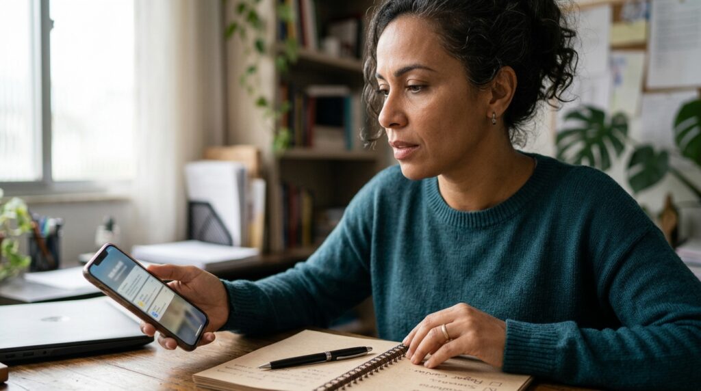 Pessoa desvia a atenção de uma tarefa no computador para as notificações exibidas no celular.