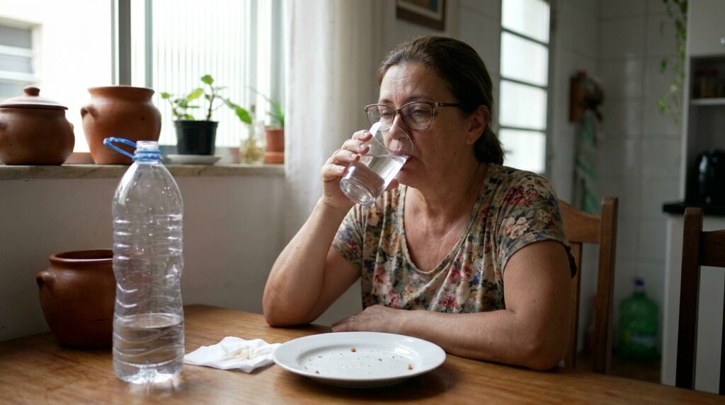 Mulher cansada bebe água após o almoço enquanto enfrenta sonolência.