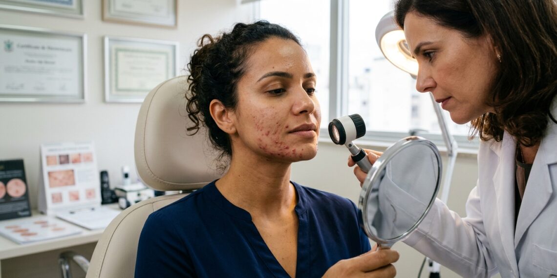Mulher adulta com acne persistente na mandíbula e no queixo passa por avaliação dermatológica.