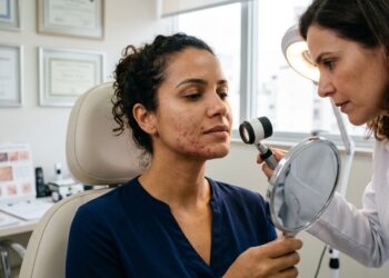 Mulher adulta com acne persistente na mandíbula e no queixo passa por avaliação dermatológica.