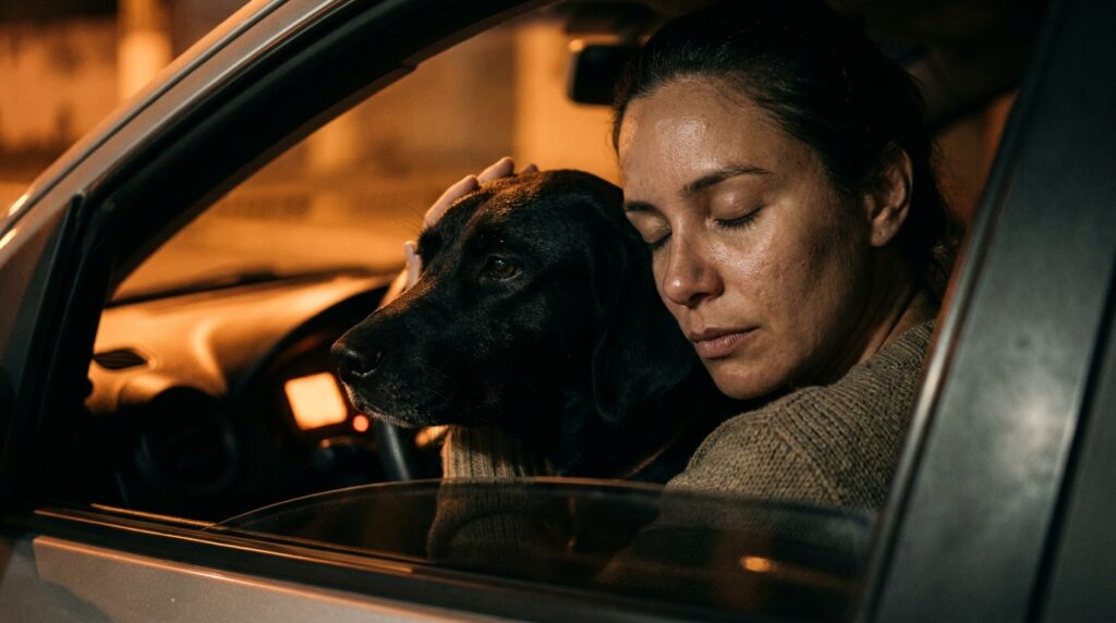 Mulher emocionada abraçando cão preto resgatado no banco de um carro durante a noite