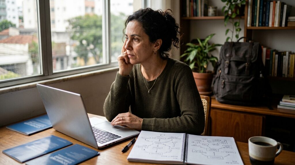 Mulher observa diferentes possibilidades profissionais enquanto hesita diante de uma decisão.