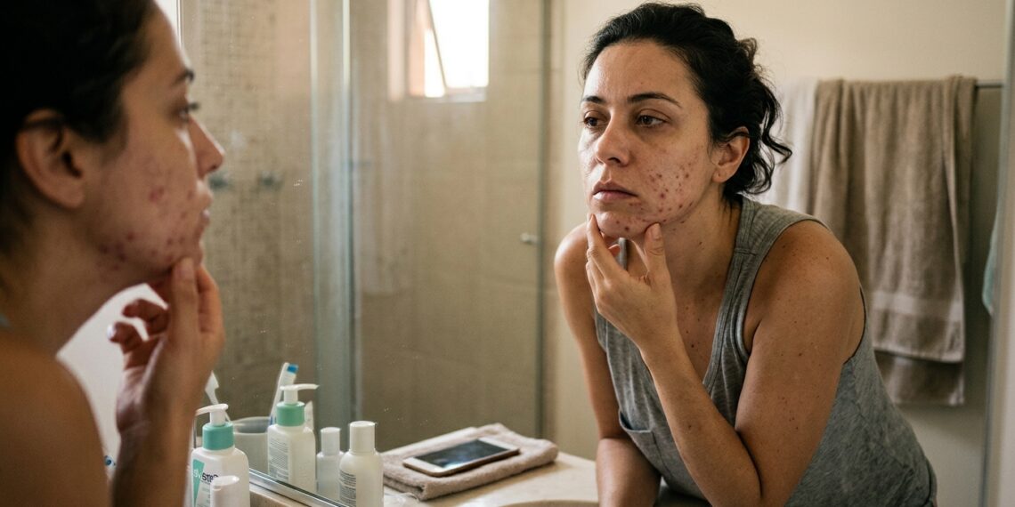 Mulher adulta com sinais de cansaço observa lesões de acne no queixo e na mandíbula diante do espelho.