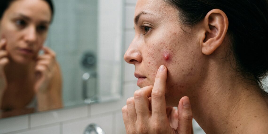 Mulher observa uma espinha inflamada no rosto enquanto aproxima os dedos da lesão sem apertá-la.