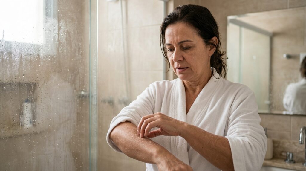 Mulher percebe pele seca e repuxando depois de um banho quente.