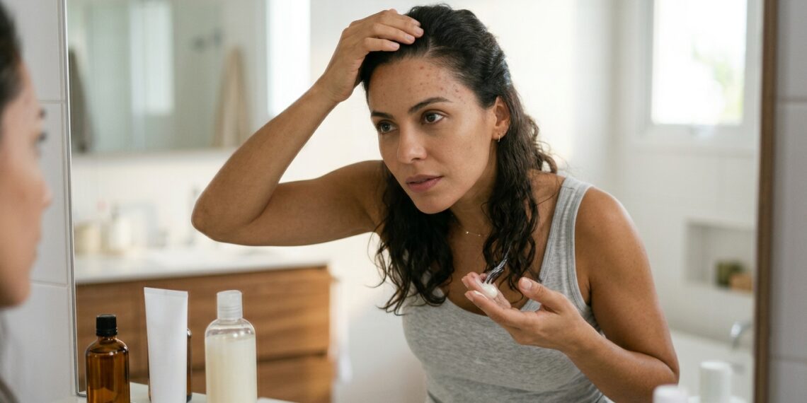 Mulher aplica creme no cabelo próximo à testa, onde pequenas espinhas aparecem junto à linha dos fios.