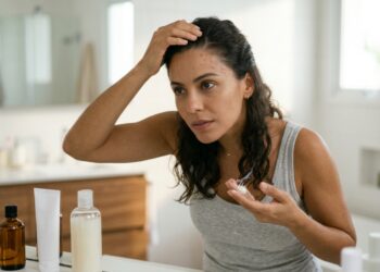 Mulher aplica creme no cabelo próximo à testa, onde pequenas espinhas aparecem junto à linha dos fios.
