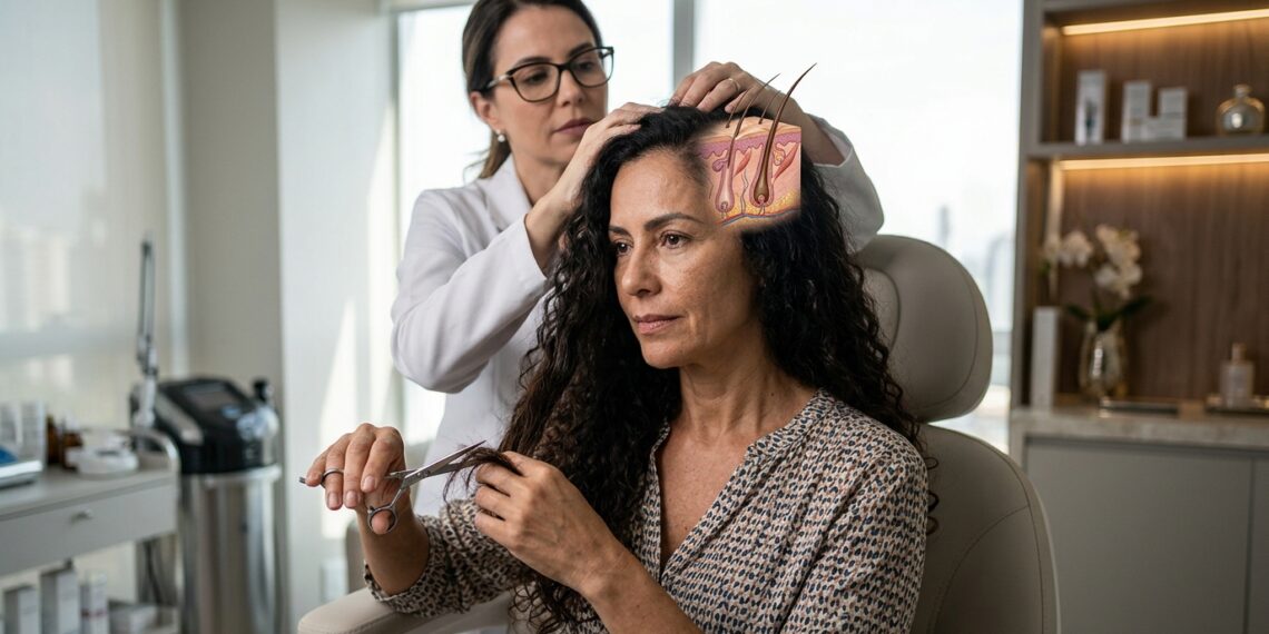 Mulher corta as pontas do cabelo enquanto um detalhe do couro cabeludo mostra o crescimento acontecendo dentro dos folículos.