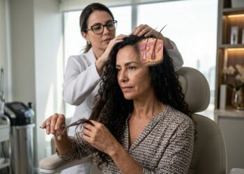 Mulher corta as pontas do cabelo enquanto um detalhe do couro cabeludo mostra o crescimento acontecendo dentro dos folículos.
