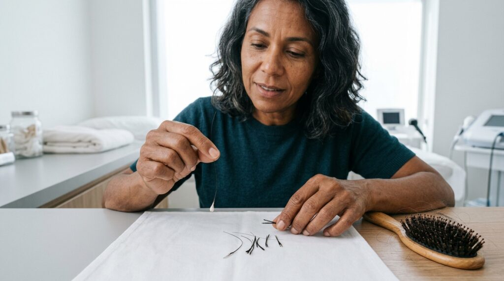 Mulher compara um fio comprido com extremidade esbranquiçada e fragmentos curtos de cabelo sem bulbo.