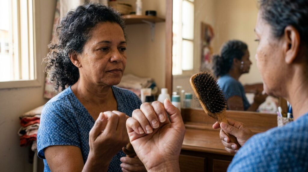 Mulher observa fios presos na escova enquanto apresenta unhas frágeis e descamando nas pontas.