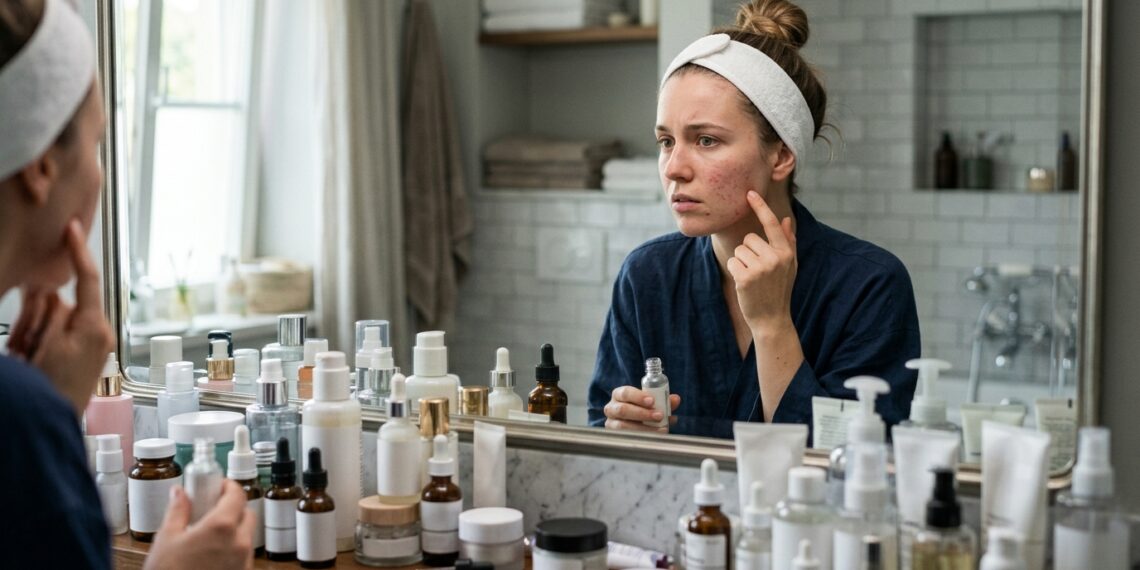 Mulher observa vermelhidão e pequenas espinhas no rosto diante de bancada cheia de produtos de skincare.