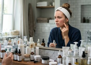 Mulher observa vermelhidão e pequenas espinhas no rosto diante de bancada cheia de produtos de skincare.