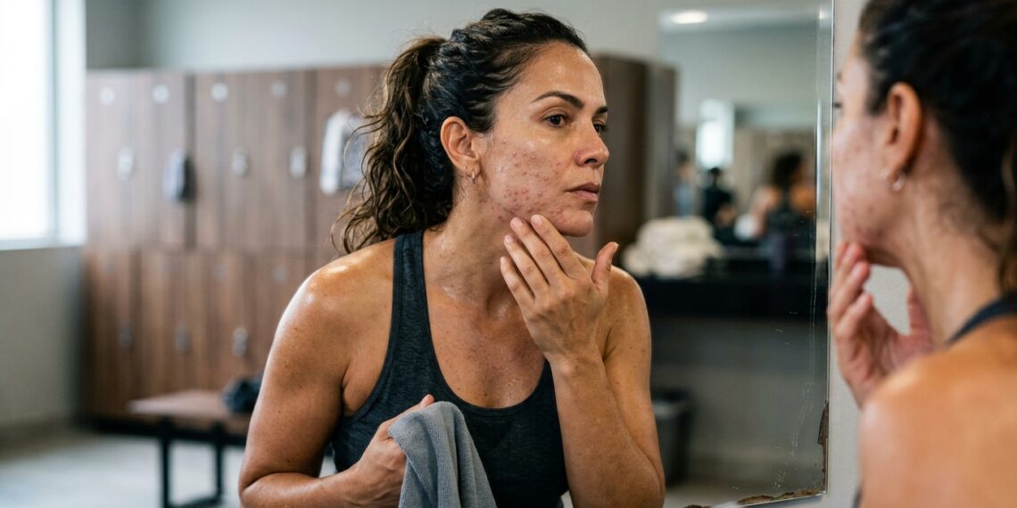 Mulher observa pequenas áreas avermelhadas no rosto após exercício e contato repetido da pele com tecidos.
