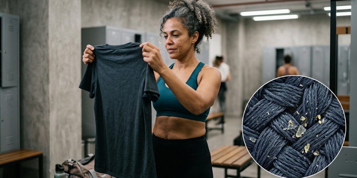 Mulher segura roupa de academia já usada enquanto detalhe ampliado representa resíduos invisíveis retidos nas fibras do tecido.