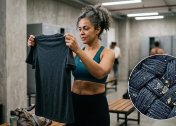 Mulher segura roupa de academia já usada enquanto detalhe ampliado representa resíduos invisíveis retidos nas fibras do tecido.