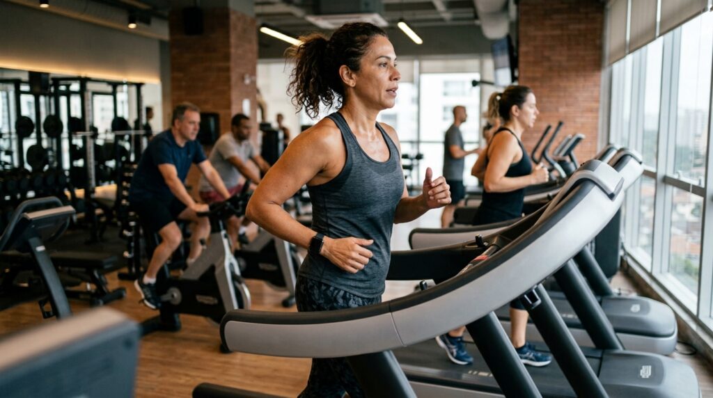 Mulher pratica exercício aeróbico em intensidade moderada em uma esteira.