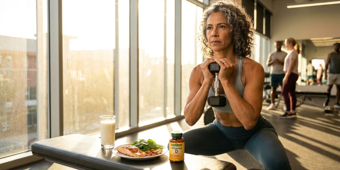 Mulher após os 50 pratica exercício de força em ambiente iluminado, com alimentos nutritivos próximos.